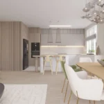 projekt salonu z aneksem kuchennym, jasna przestrzeń z lampą dekoracyjną